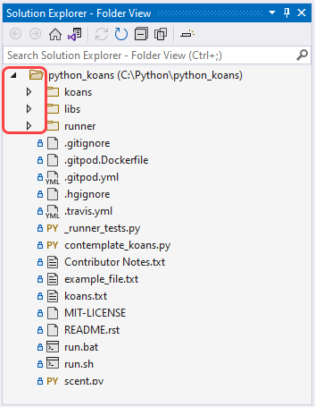 Screenshot of the controls to expand and collapse folders in Solution Explorer.