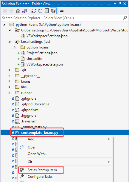 Screenshot of setting a startup item in Solution Explorer.