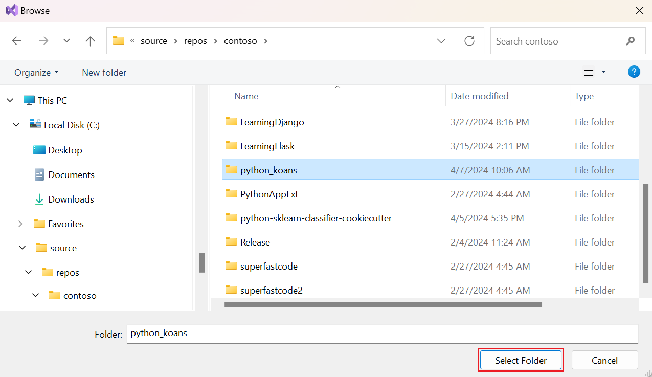 Screenshot that shows how to select the local folder that has the existing Python code in Visual Studio 2022.
