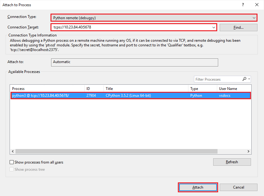 Entering the connection target and listing processes