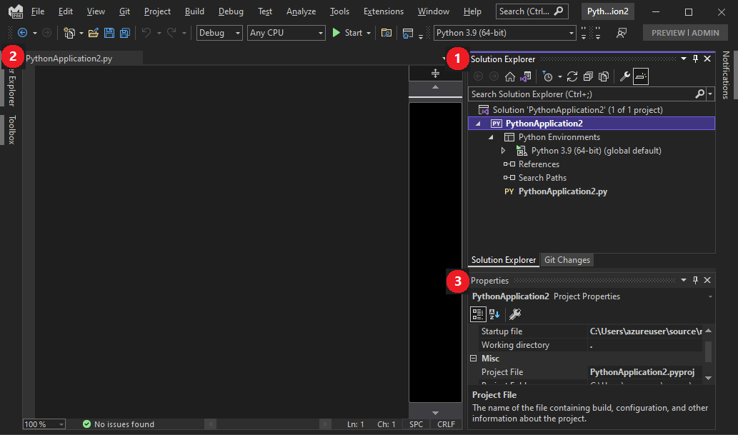 Screenshot showing the new project open in Visual Studio.