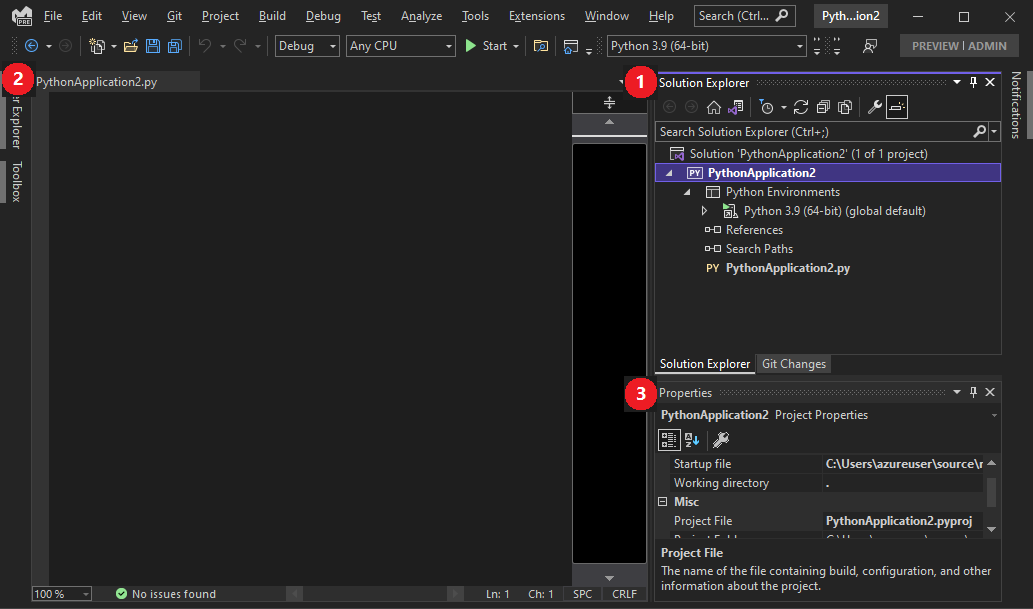 Python in Visual Studio tutorial step 1, create a project | Microsoft Learn