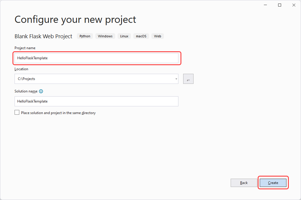 Screenshot of configure the new project fields with a name and desired location.