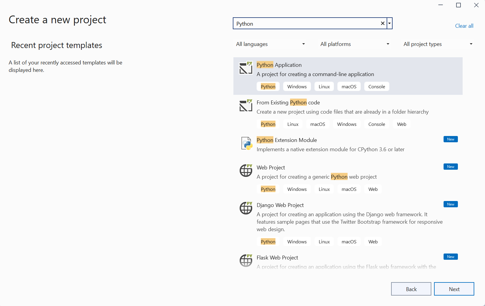Python in Visual Studio tutorial step 1, create a project | Microsoft Learn