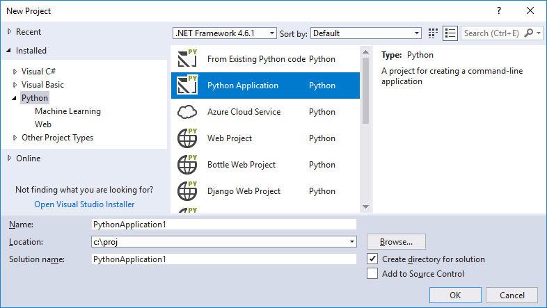 Screenshot showing the Create a new project dialog box with Python project templates.