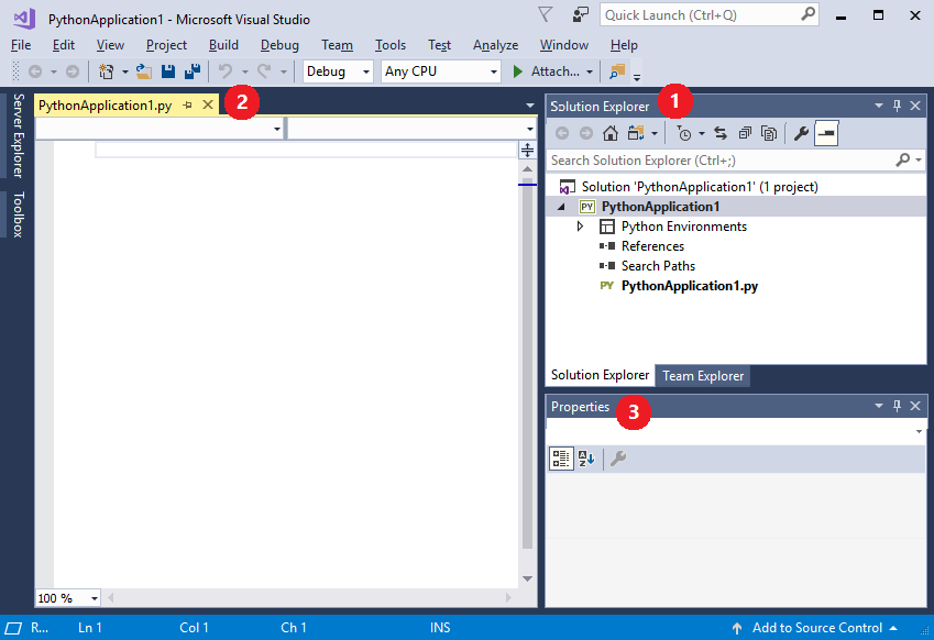 Screenshot showing the new project open in Visual Studio.