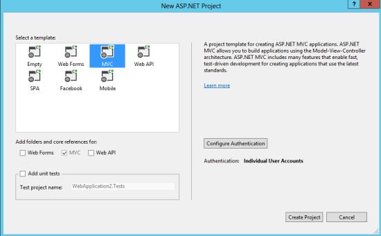 One ASP.NET New Project Dialog Box