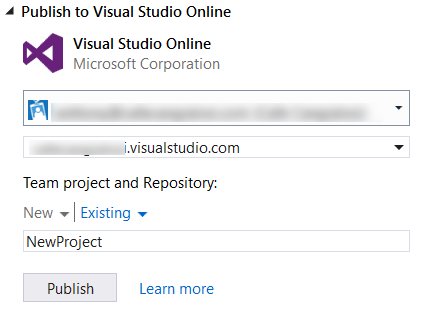 Publish to Visual Studio Online dialog box