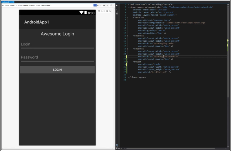 Screenshot of the Xamarin.Android split-view editor.