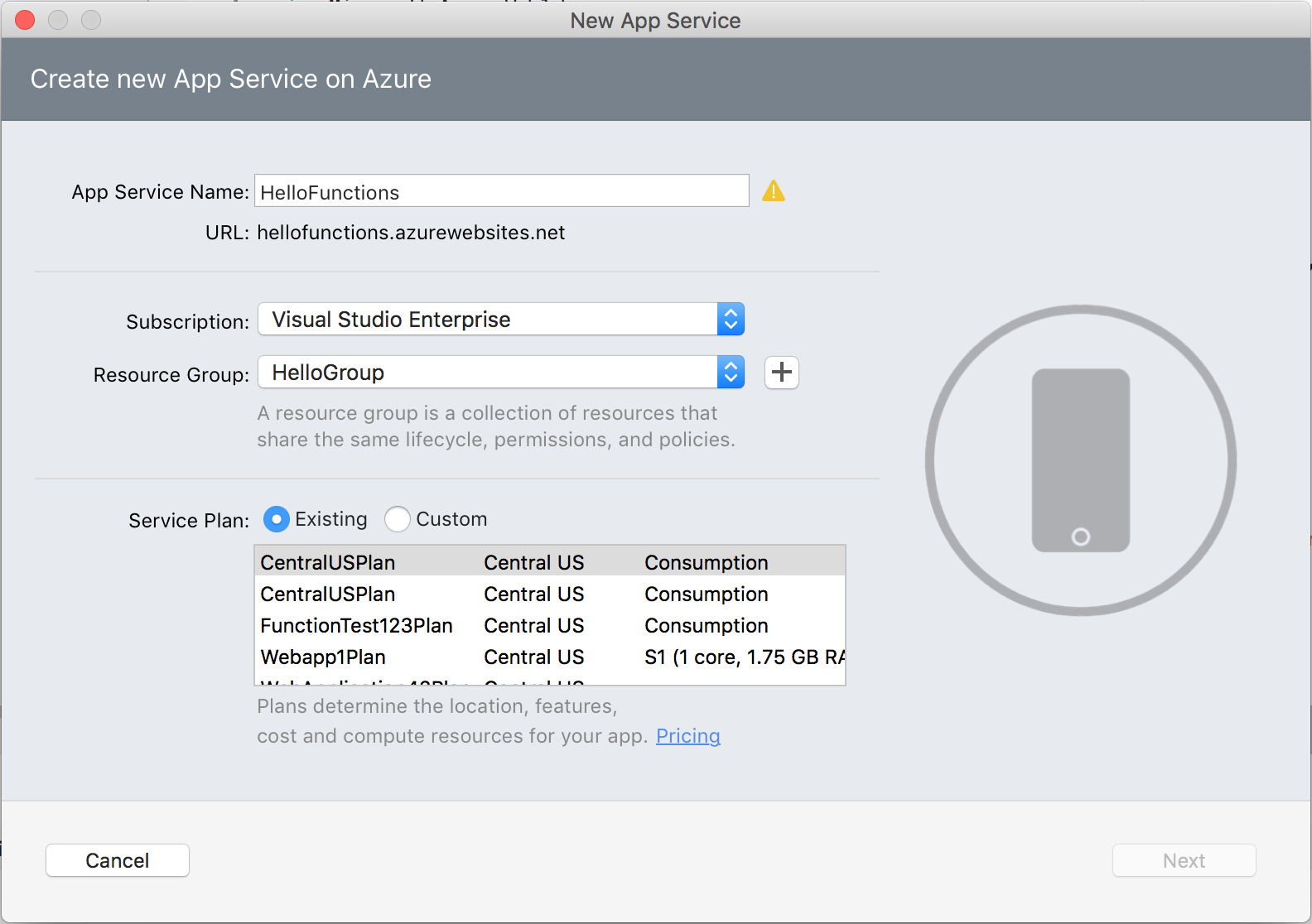 Azure Functions publishing; Create a new App Service