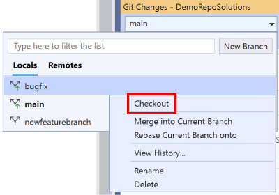 Left click to check out a branch and right click for additional actions