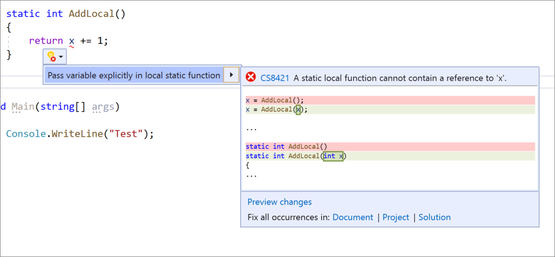 Pass a variable into a local static function