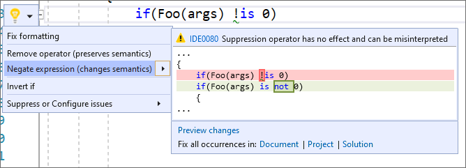 Code fix to negate expression using not