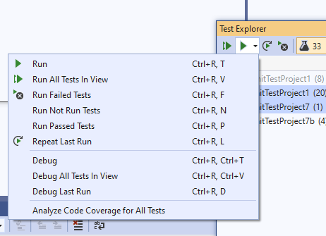 Test Explorer Run/Debug All Tests in View commands