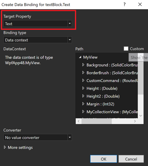 Updated Data Binding Dialog with Target Property combo box
