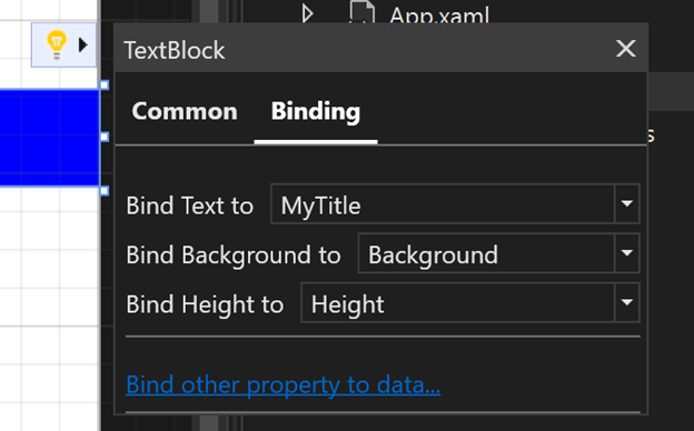 Binding tab in Quick Actions