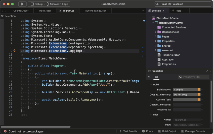 Visual Studio 2022 for Mac with a file list (solution window) docked on the right side of the IDE. The window is then dragged and dropped to dock on the left side.