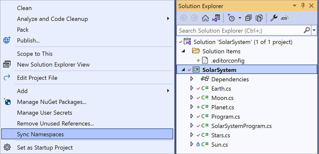 Sync namespaces from Solution Explorer