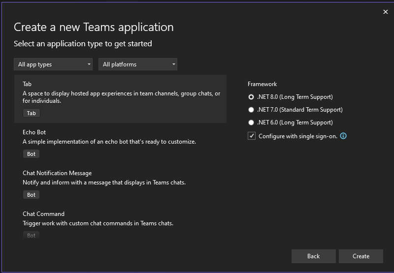 Teams template support select dotnet version