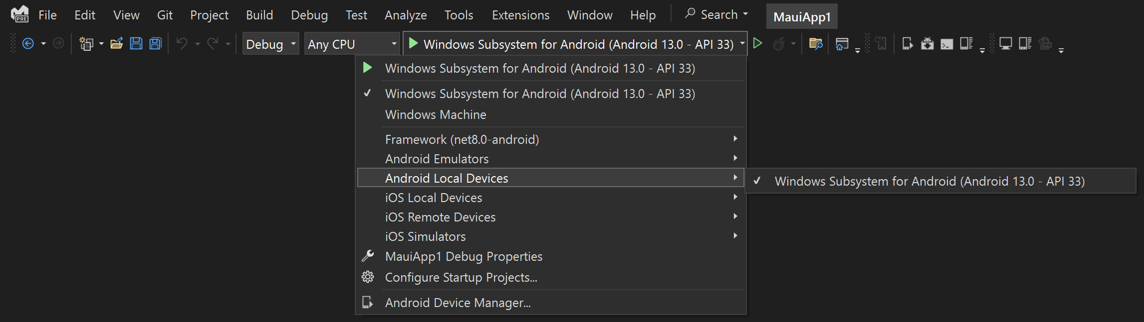 Screenshot of Visual Studio debug targets menu