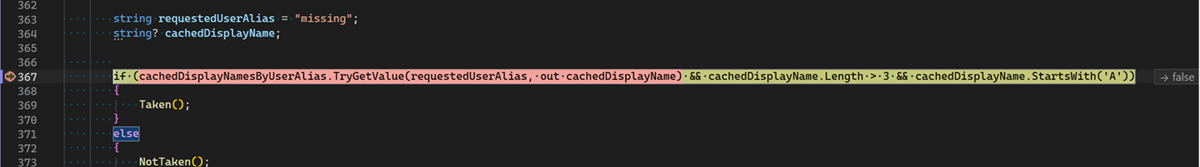 Inline highlighting showing the operand that caused a false condition