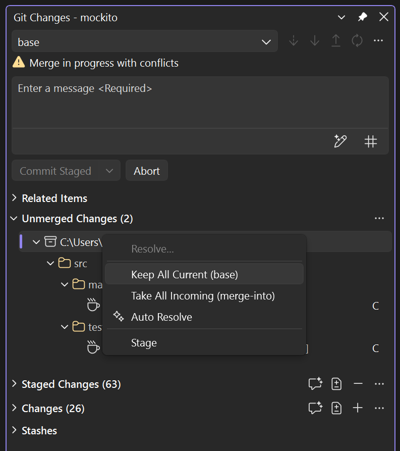 Context menu on a folder under Unmerged Changes in Git Changes, showing Keep All Current and Take All Incoming options