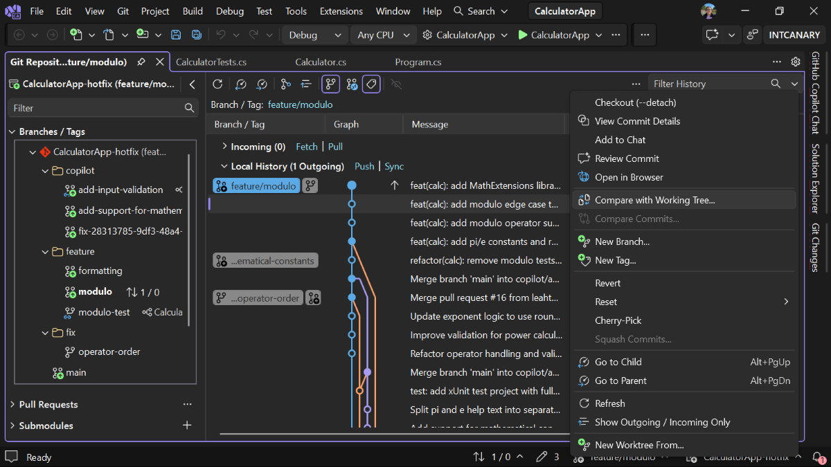 Context menu on a commit in the History graph showing the Compare with Working Tree command