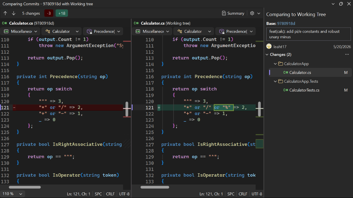 Side-by-side diff comparing a commit to the working tree, with the list of changed files on the right