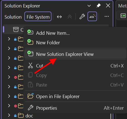 Solution Explorer New Solution Explorer View context menu button