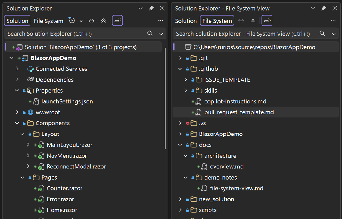 Side-by-side Solution Explorer tool windows on different views