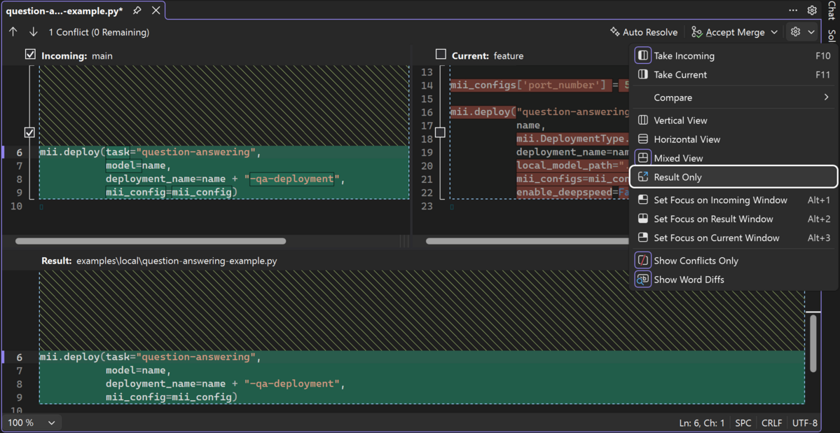 Merge editor with the gear menu expanded, showing available view modes.