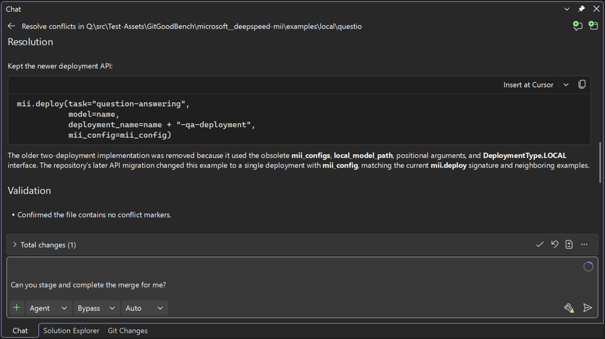 Copilot Chat's summary of a resolved merge conflict, explaining its decisions and what validations were performed.