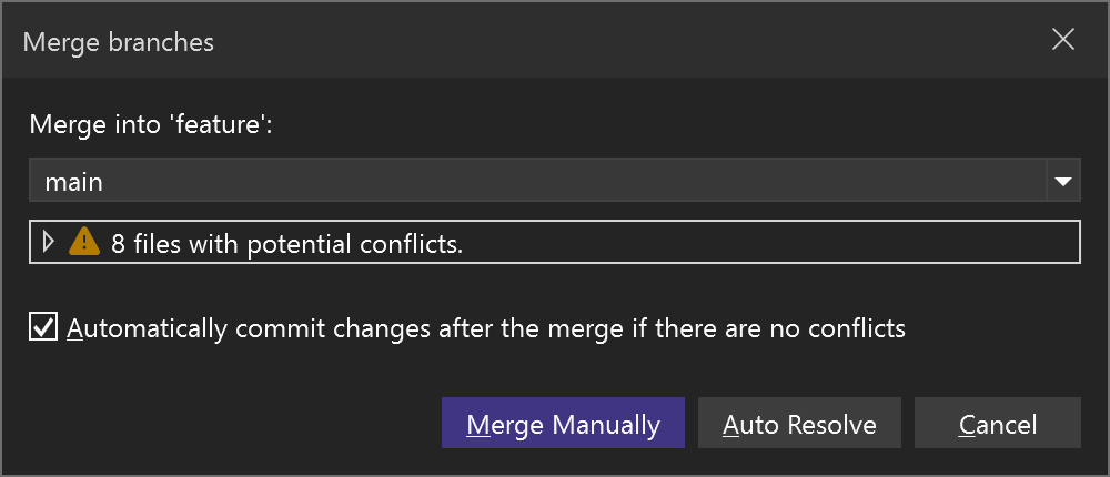 Merge branches dialog with Auto Resolve option.