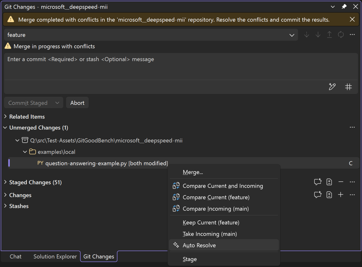 Git Changes with Unmerged Changes section open and the Auto Resolve option selected.