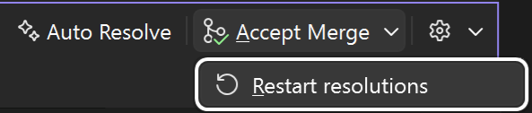 Accept Merge dropdown button with Restart resolutions highlighted.