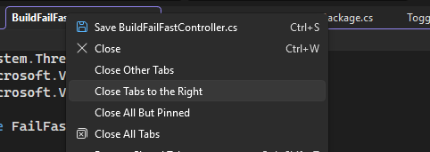Screenshot of the Close Tabs to the Right command in horizontal tabs.