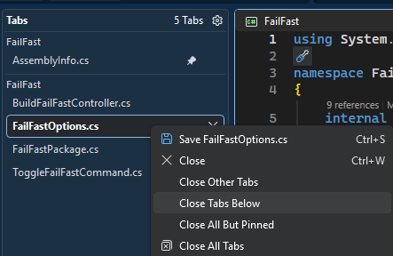 Screenshot of the Close Tabs Below command in vertical tabs.