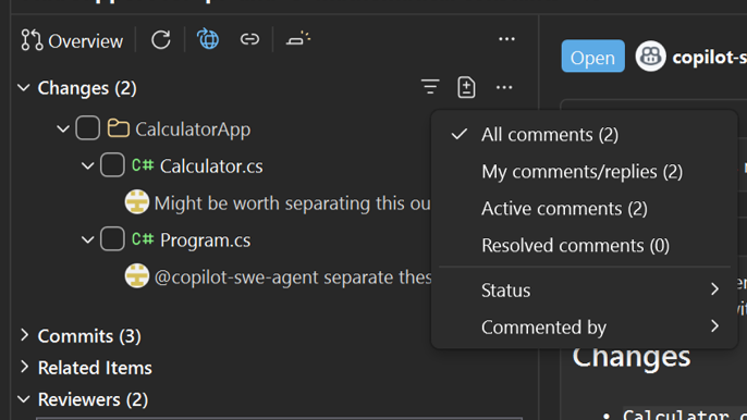 Pull request comment filter menu showing predefined and detailed filtering options