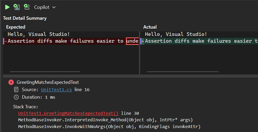 Test Explorer - assertion diffs