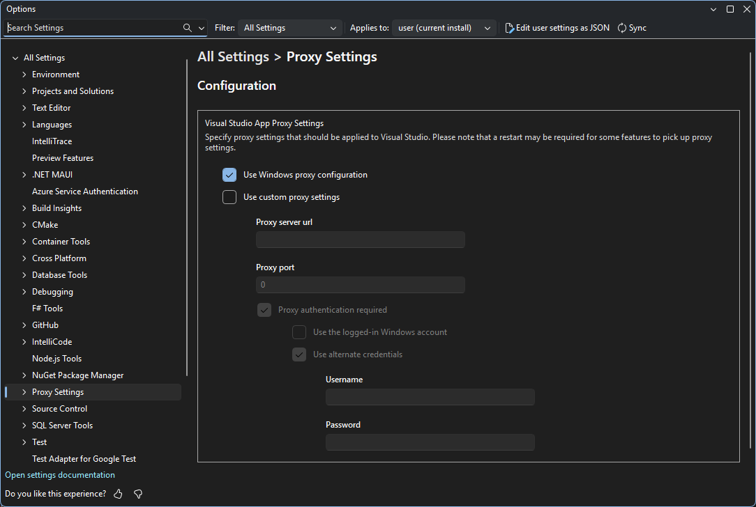 Proxy configuration page under Tools → Options → Proxy Settings
