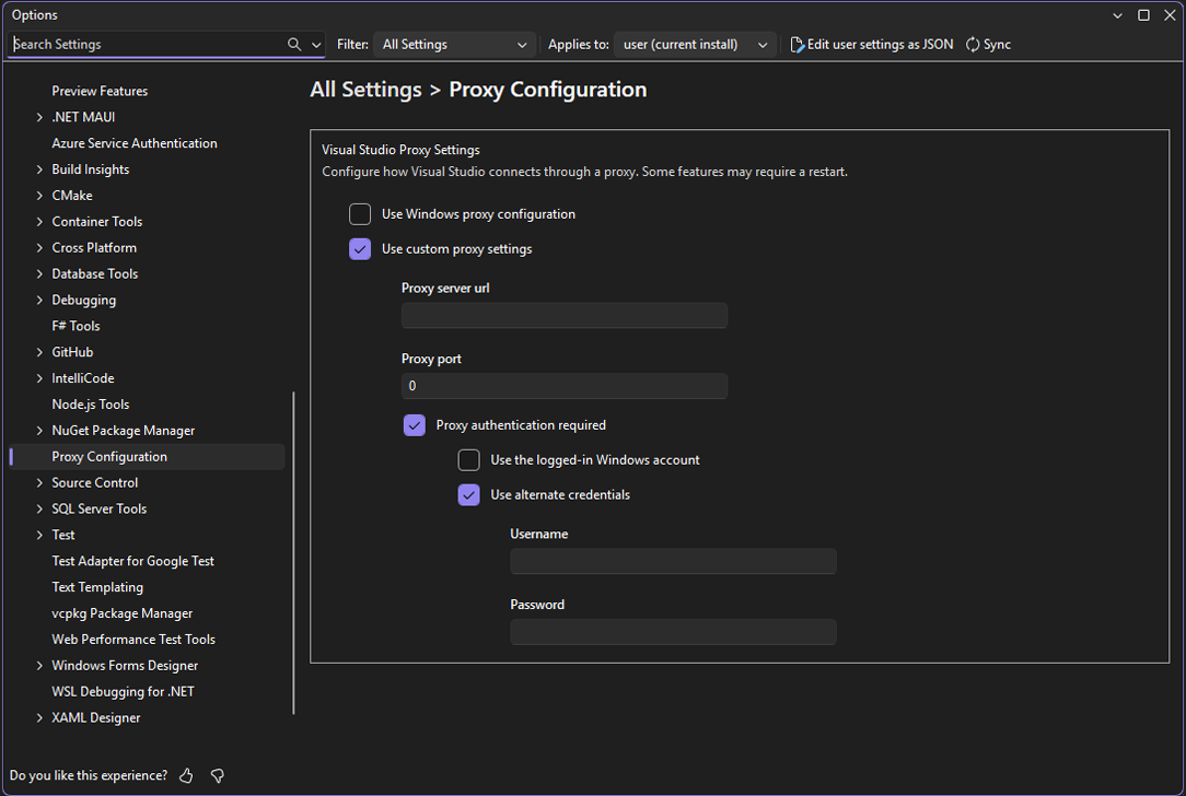 Proxy configuration page under Tools → Options → Proxy Settings