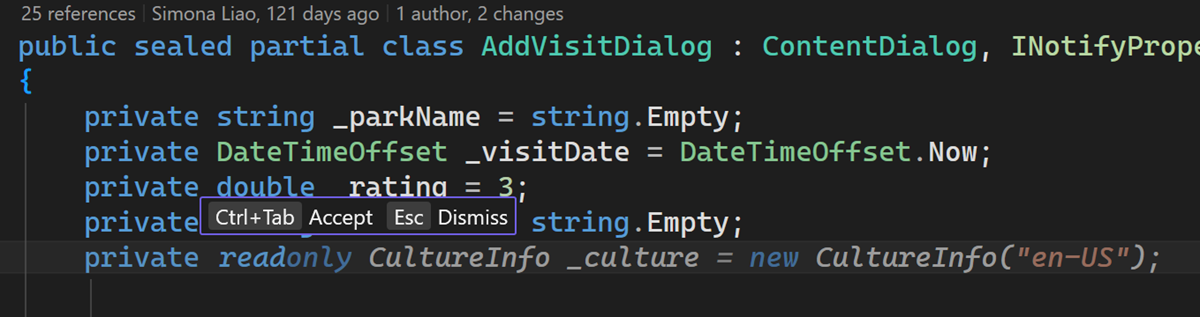 Editor hint bar showing updated Copilot shortcut