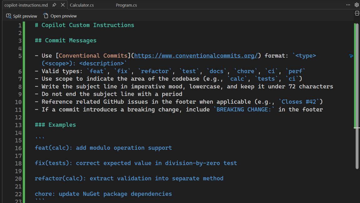 Copilot instructions file with commit message rules