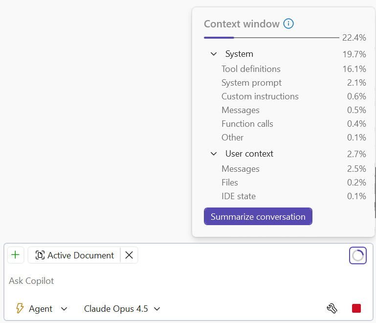 Context window indicator with percentage ring showing 45% usage and a breakdown listing conversation messages, workspace files, and other sources