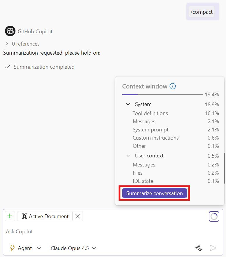 Context window indicator after summarization, showing reduced usage and a notification that the conversation was summarized