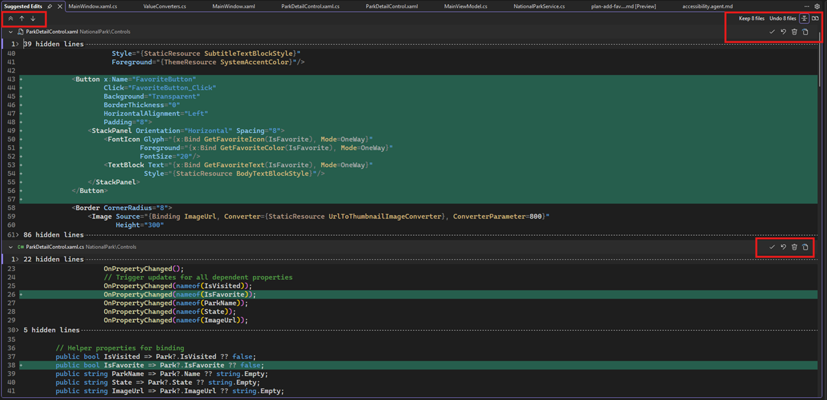 Screenshot of the multi-file summary diff view displaying multiple files with inline diffs and accept/undo controls