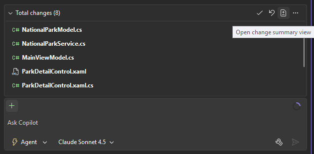 Screenshot showing the Open Changes Summary button in the Copilot Chat working set