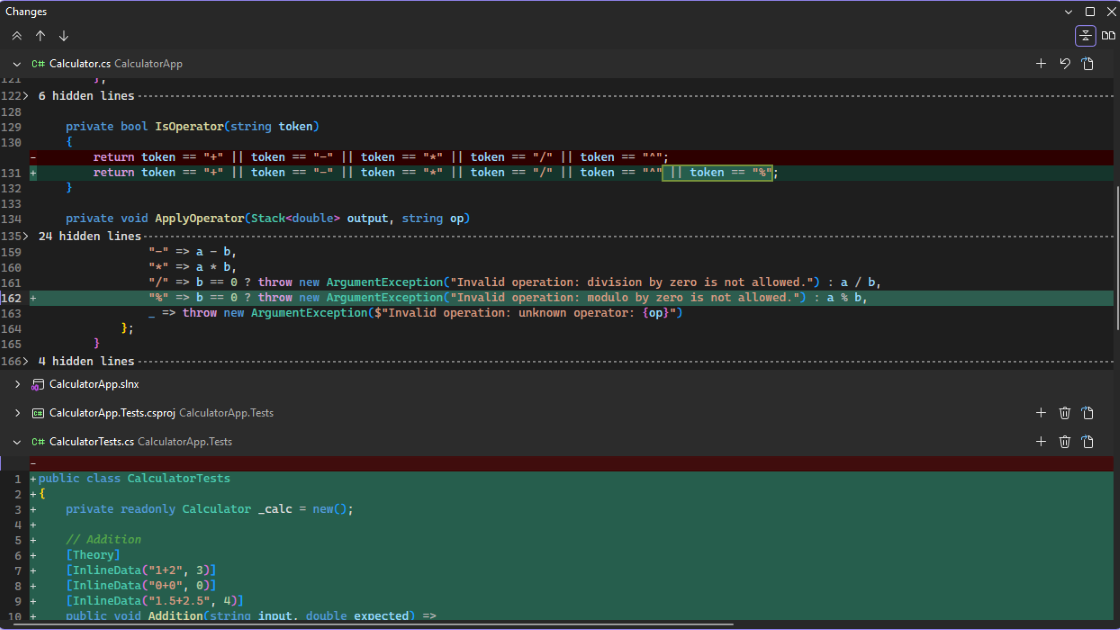 Unified view showing changed lines from multiple files in a single panel