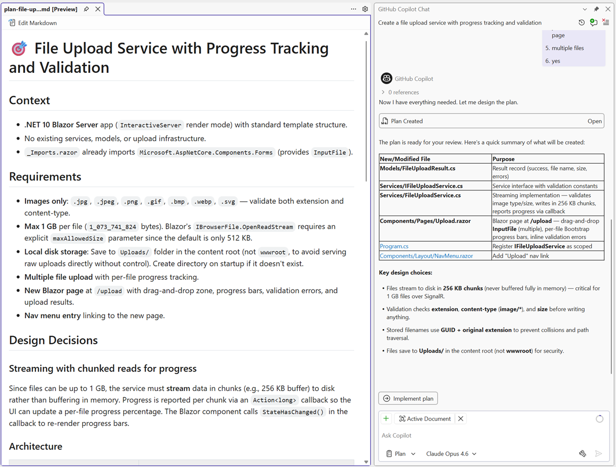 Planning mode creating an implementation plan