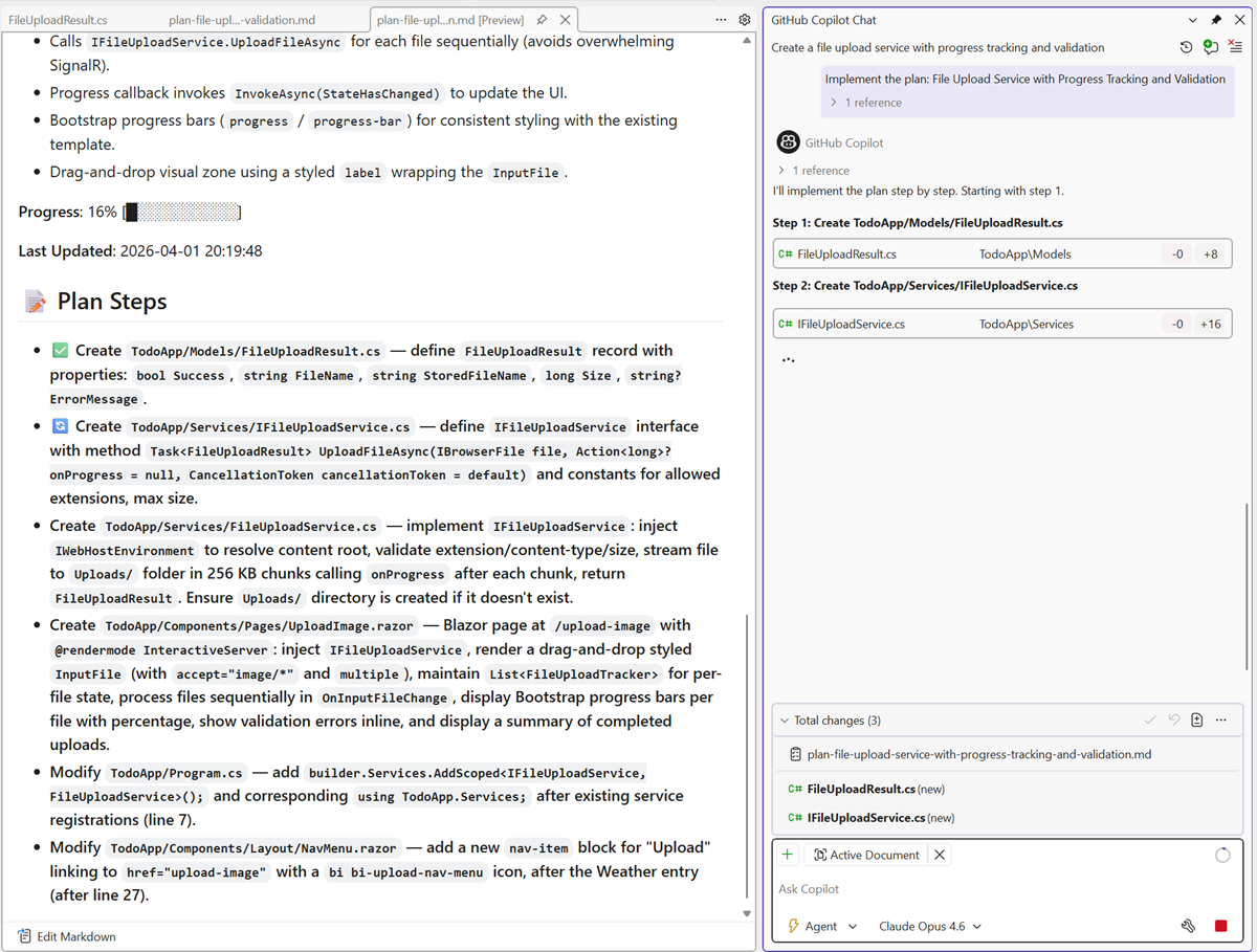 Agent mode implementation of plan in progress